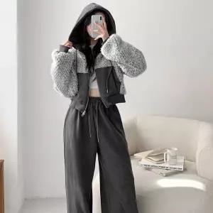 [옷자락]여자 덤블 배색 크롭 투웨이 후드집업 와이드팬츠 세트