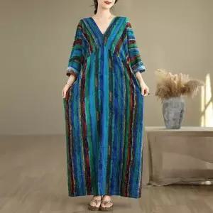 엘럽 여성용 원피스 면 가을 플라워 빅사이즈 프렌치 긴팔 브이넥 얇은 멜란지 스트라이프 프린트 슬림핏