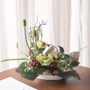 [플라워트리]장미 조화 센터피스 리치로즈 수반 set 38cm 인테리어 꽃 테이블 행사 장식 소품 꾸미기