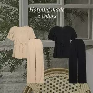 핫핑 [여름투피스] 바네르 핀턱 브이넥 스트링블라우스+와이드 밴딩팬츠 세트