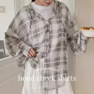 핫핑 카인더 오버핏 스트링 후드 체크 긴팔셔츠