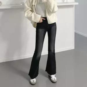 [하프클럽/]여자 컷팅 부츠컷블랙진 워싱 기모 속밴딩 스판 청바지