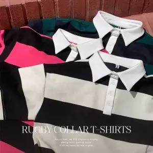 핫핑 [럭비티/단가라] 바젤 오버핏 카라넥 배색 스트라이프 반팔티셔츠