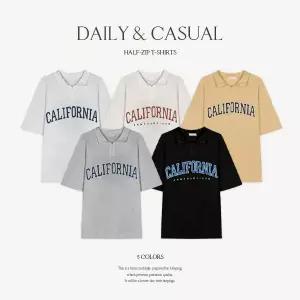 핫핑 [체형커버] 멜티나 오버핏 반집업 배색 레터링 반팔티셔츠