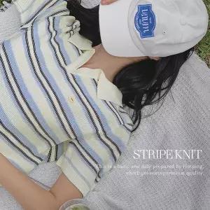 핫핑 [여름니트] 그로니 오픈카라 스트라이프 반팔 니트티