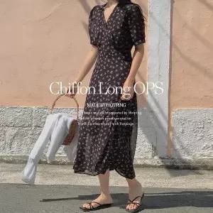 핫핑 [휴양지룩] 메리츄 쉬폰 플라워 뒷밴딩 랩 핀턱 퍼프 반팔 롱원피스