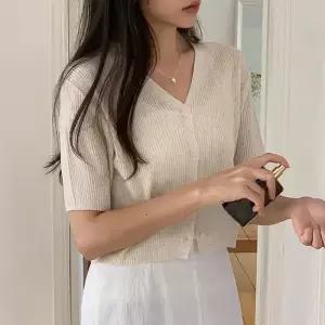 [코코블랑] 브이넥 골지 린넨 반팔가디건