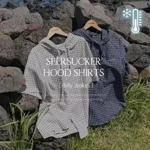 핫핑 [링클프리] 리카인즈 시어서커 후드 반팔 루즈핏 체크셔츠