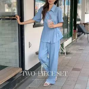 핫핑 [허리잘록] 카엘라 링클 랩스타일 카라 반팔셔츠+밴딩 와이드팬츠set