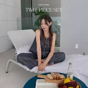 핫핑 [부유방커버] 유블레 스트라이프 스트링 슬리브리스+밴딩 와이드팬츠set