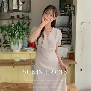 핫핑 [하객룩] 아몽즈 쉬폰 플라워 사선단추 퍼프 반팔 롱원피스