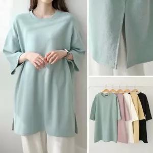 여성 봄 가을 5컬러 면 무지 라운드 트임 롱 티셔츠 박스티 TS0532S 빅사이즈 루즈핏