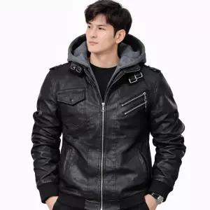 카멜롯 남성 기모후드 가죽 코트