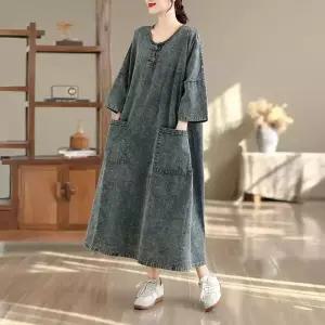 피로달 여성 롱 데님 원피스 하프 캐주얼 빅사이즈 빈티지 스커트 힛템