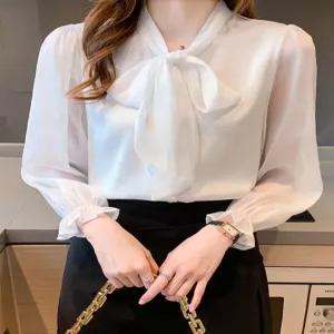 리본 면접용 새턴 라운드 하얀색 브이넥