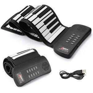 루젝스 롤업 피아노, 초보자를 위한 휴대용 실리콘 키보드, 소재, 조용한 연습을 헤드폰 잭, 16가지 음색 및 음반 기능, 여행용 접이식 블랙