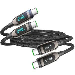 SOOPII 240W USB C to USB C 케이블, [1.2m(4피트), 2팩] 나일론 브레이드 고속 충전 케이블, LED 디스플레이 포함, lPhone 17 /17 프로 /16 플러스 /15 프로 맥스, lPad 에어, 맥북 프로, 갤럭시 S25 /S24, 픽셀,