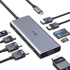 Dell Lenovo용 USB C 도킹 스테이션 듀얼 모니터 HDMI 어댑터, 노트북 3, 4K+VGA+100W PD 충전기 2개와 포트+SD/TF 카드 리더 3개로 허브 다중 어댑터 동글