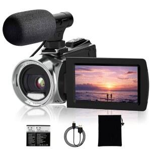 아이들 청소년 초보자 마이크와 2개의 배터리를 갖춘 어르신들을 위한 4K 비디오 카메라 캠코더 48MP 유튜브용 브이로그 18X 디지털 줌 270 회전 3.0인치 LCD 화면 레코더 ISHARE