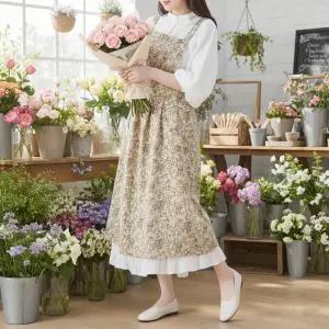 잔꽃무늬 원피스형 앞치마 린넨 여름 꽃집 카페 어린이집 유치원 보육교사 앞치마