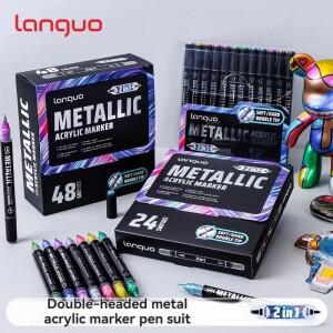랑구오 12/24/48색상 12개 메탈릭 컬러 듀얼 팁 마커 펜 건담 스케일 모델 페인팅 DIY 도구 돌