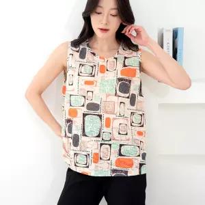 여성 자가드 패턴 인견 민소매 나시 블라우스 여름 루즈핏 셔츠