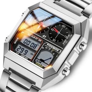 FOXBOX 최고급   스테인리스 스틸 크로노 스포츠 시계 남성용 백라이트 디스플레이 디지털 손목시계 3Bar