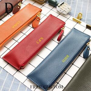 초를 새길 수있는 호환 가죽 펜 파우치 학생 맞춤 이름 소 지퍼 가방  빈티지 보관 화장품