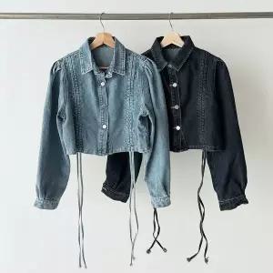 [하프클럽/]여성 스트링 셔링 퍼프 카라넥 봄 투웨이 크롭 청재킷