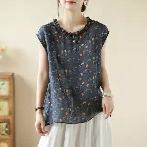 여사친 빈티지 민소매 블라우스 마 프린트 뒷단추 톱 원픽1