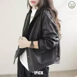 캐주얼 빈티지 여성 재킷 빅사이즈 루즈핏 가죽옷 PU후드 봄가을 OP3