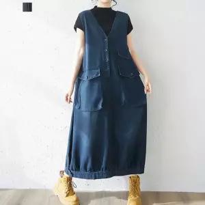 [퀸이즈][퀸이즈] 포체 브이넥 빅포켓 숄더라인 데님 롱원피스