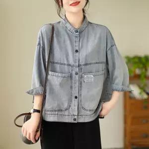 청 여성용 빈티지 가을 재킷 카고풍 와펜복고 코트 스몰카라 워싱 숏 ST3