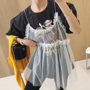 슈가 프릴 시스루 A라인 루즈핏 샤 뷔스티에 레이어드 끈 미니원피스 (2color)