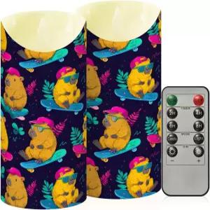 알라자 카피바라 스케이트보드 패턴 원격 타이머 LED 깜빡임 배터리로 작동하는 전동 필러 티 라이트 캔들