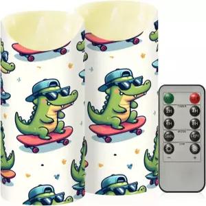 알라자 귀여운 작은 악어 스케이트보드 불 없는 양초와 리모컨 LED 깜빡임 배터리 작동식 전동 필러 티