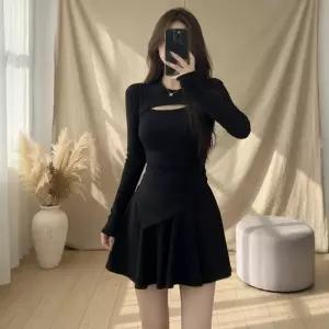 [옷자락]여성 컷아웃 슬림핏 긴팔 미니 투피스 세트