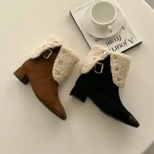 [옷자락]여자 스퀘어토 스웨이드 양털 미들힐 앵클부츠