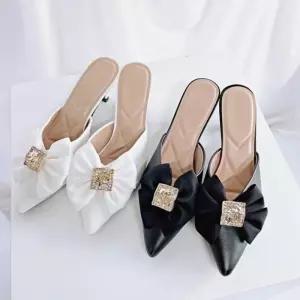 [옷자락]여자 데일리 미들굽 뾰족코 리본 슬리퍼 뮬