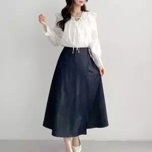 [옷자락]여자 데이트룩 봄옷 리본 랩치마 데님 스판 롱스커트