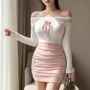 [옷자락]여자 오프숄더 셔링 골지 미니 슬림핏 바디콘 라인강조 원피스