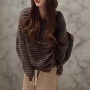 [옷자락]여성 두꺼운 후드 줄무늬 니트 티셔츠