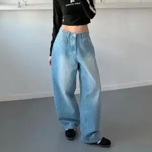 [옷자락]여자 스트라이프 로우라이즈 워싱 와이드핏 청바지