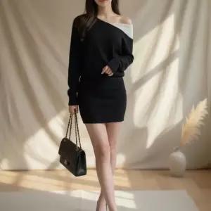 [옷자락]여성 언밸런스 오프숄더 가오리 니트 미니 배색