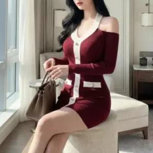 [옷자락]여성 슬림핏 골지 홀터 오프숄더 배색 미니드레스