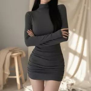 [옷자락]여성 셔링 터틀넥 긴팔 슬림 미니 원피스
