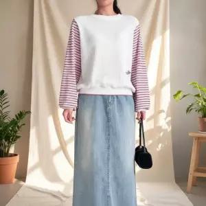 [옷자락]여성용 스트라이프 퍼프 맨투맨 리본포인트 봄용