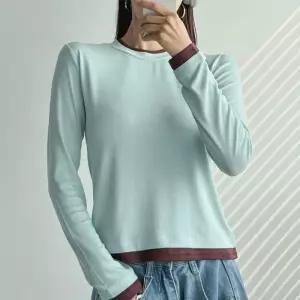 [옷자락]여자 레이어드 라운드넥 세미크롭 무지 스판 티셔츠