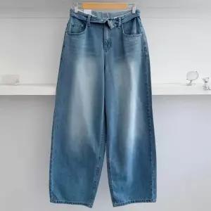 [옷자락]여성 롤업 로우라이즈 연청 맥시 와이드핏 워싱 데님팬츠