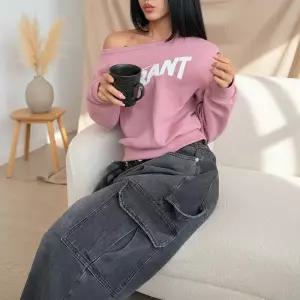 [옷자락]여성 봄용 프린트 크롭 오프숄더 긴팔 맨투맨 분홍